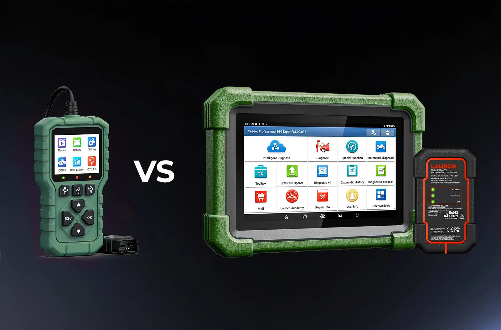 Two automotive diagnostic tools for comparison against a dark background, featuring a smaller handheld scanner on the left and a larger LAUNCH Creader Professional 919 Expert tablet with its black wireless VCI connector on the right.