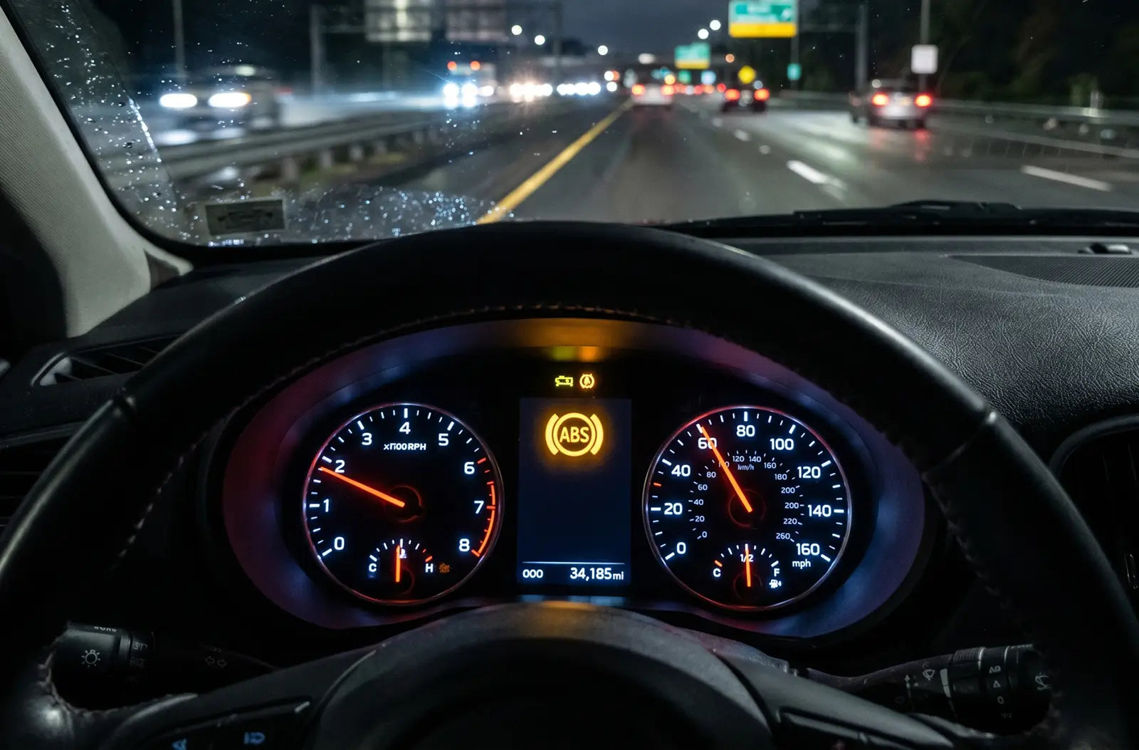 a driver's view from behind the steering wheel at night on a wet highway, highlighting a yellow "ABS" warning icon illuminated on the center dashboard display.