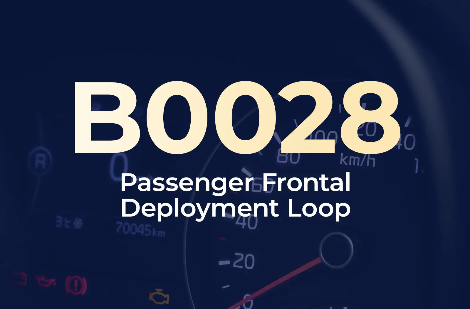 a large text overlay displaying the diagnostic trouble code "B0028" in light yellow, with the description "Passenger Frontal Deployment Loop" underneath in white, set against a dark blue, blurred background of a car's instrument cluster panel.