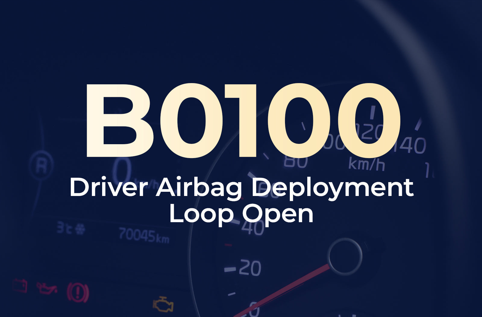 a large text overlay displaying the diagnostic trouble code "B0100" in light yellow, with the description "Electronic Control Unit Fault" underneath in white, set against a dark blue, blurred background of a car's instrument cluster panel.
