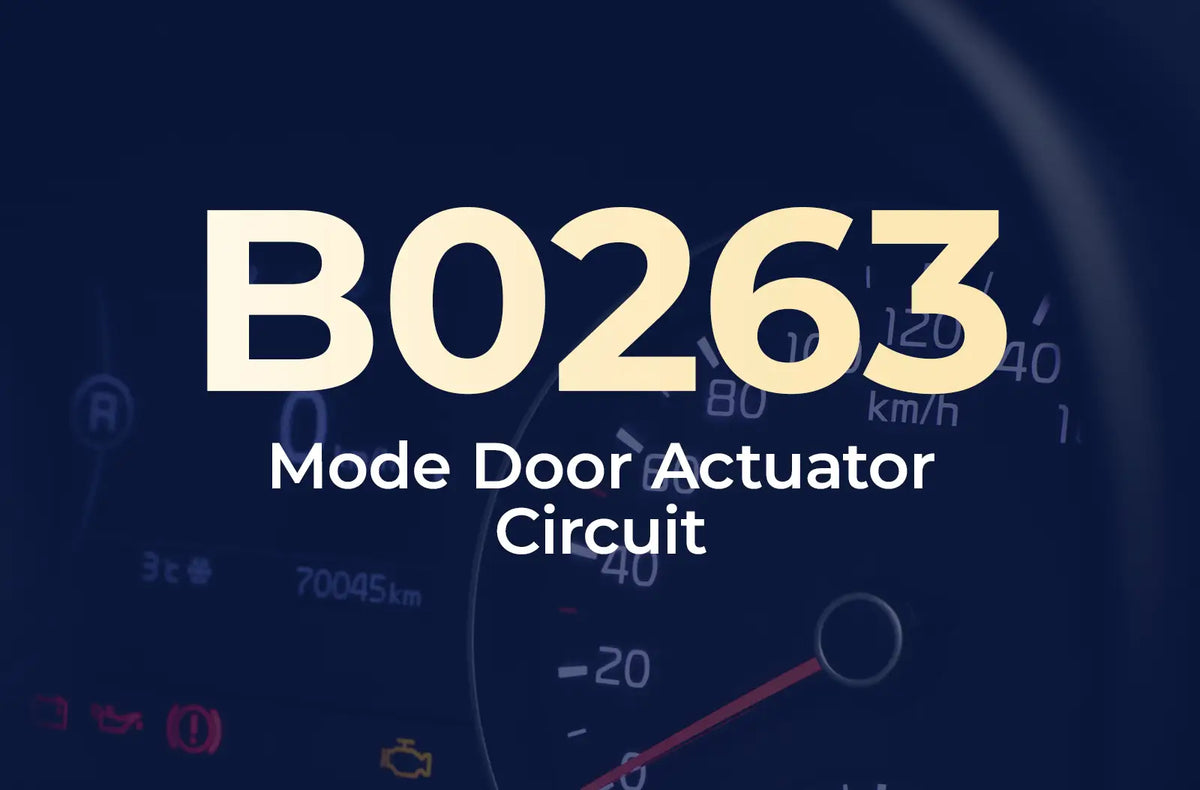 a large text overlay displaying the diagnostic trouble code "B0263" in light yellow, with the description "Mode Door Actuator Circuit" underneath in white, set against a dark blue, blurred background of a car's instrument cluster panel.