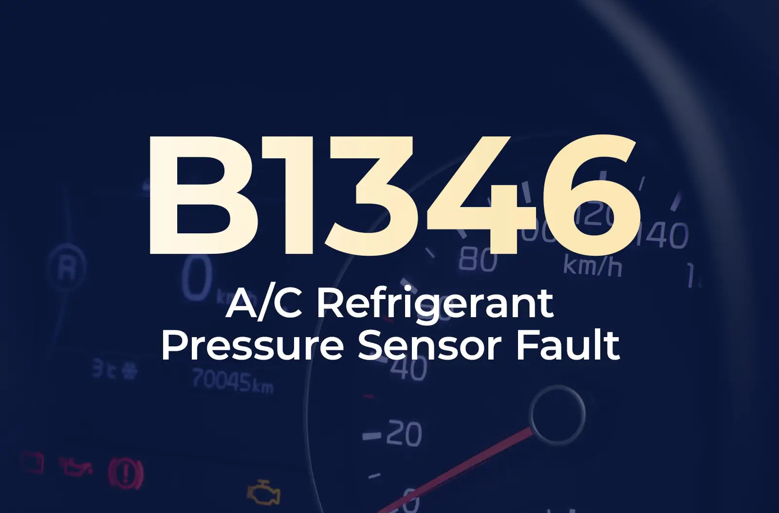 a large text overlay displaying the diagnostic trouble code "B1346" in light yellow, with the description "A/C Refrigerant Pressure Sensor Fault" underneath in white, set against a dark blue, blurred background of a car's instrument cluster panel.