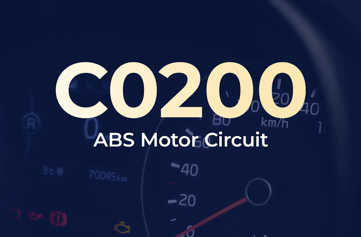displaying the diagnostic code "C0200" and the description "ABS Motor Circuit" against the blurred dashboard.