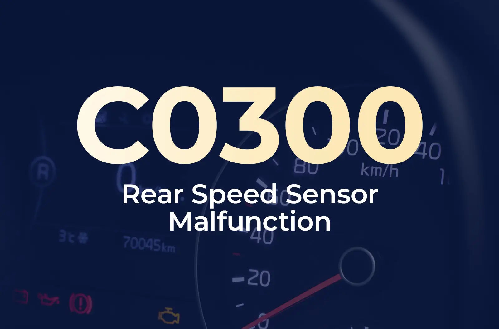 displaying the diagnostic code "C0300" and the description "Rear Speed Sensor Malfunction" against the blurred dashboard.