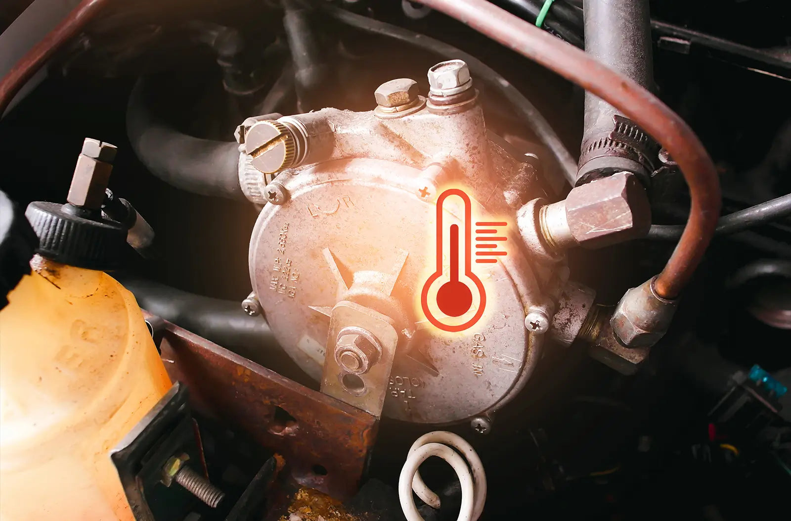 Shows white steam or smoke billowing out from under the propped-open hood of a dark car parked on the shoulder of a road.