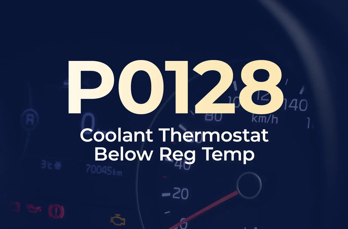 displaying the diagnostic code "P0128" and the description "Coolant Thermostat Below Reg Temp" against the blurred dashboard background.