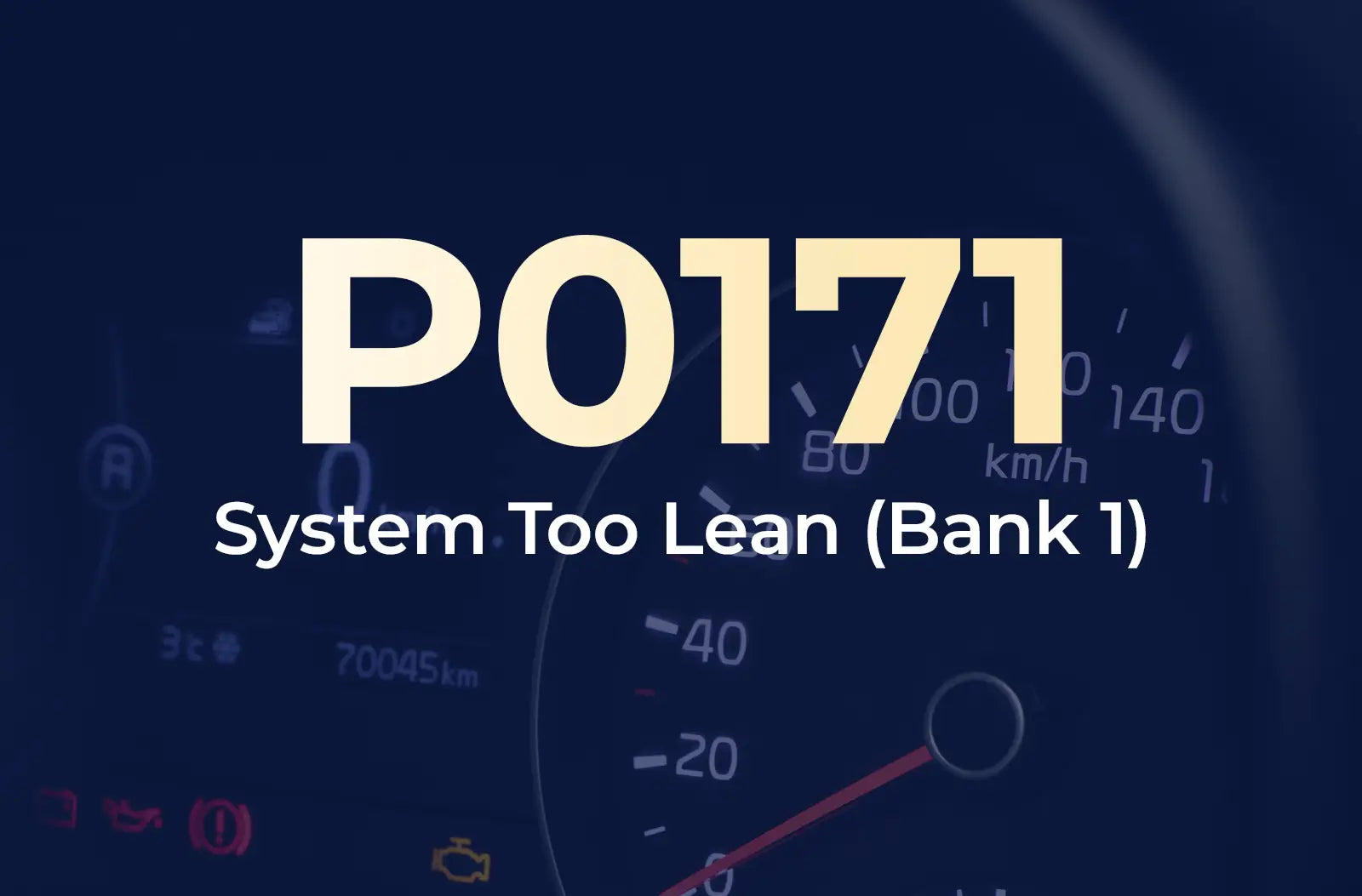 displaying the diagnostic code "P0171" and the description "System Too Lean (Bank 1)" against the blurred dashboard background.