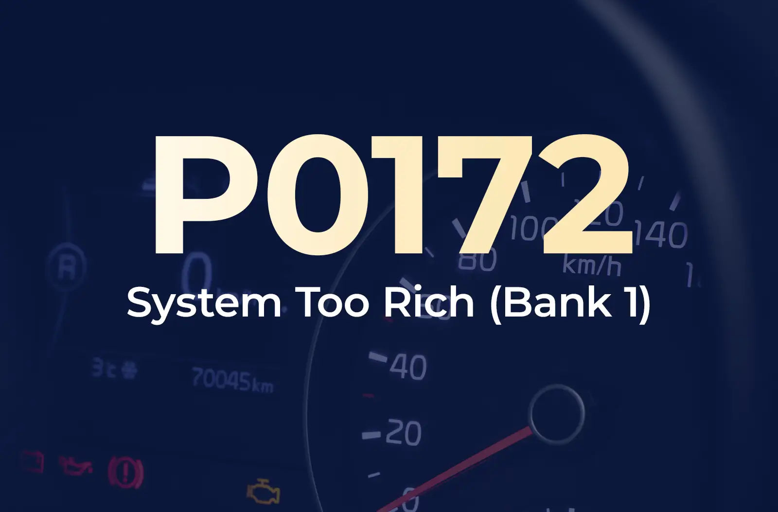 displaying the diagnostic code "P0172" and the description "System Too Rich (Bank 1)" against a blurred dark blue vehicle instrument panel.