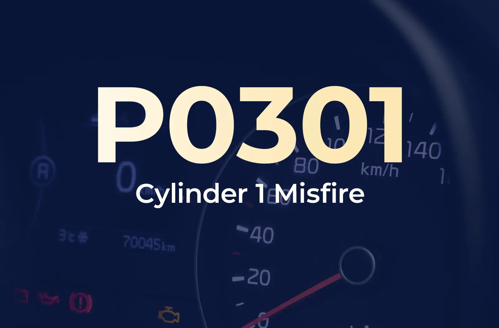 a large text overlay displaying the diagnostic code "P0301" and the description "Cylinder 1 Misfire" against the blurred dashboard background.
