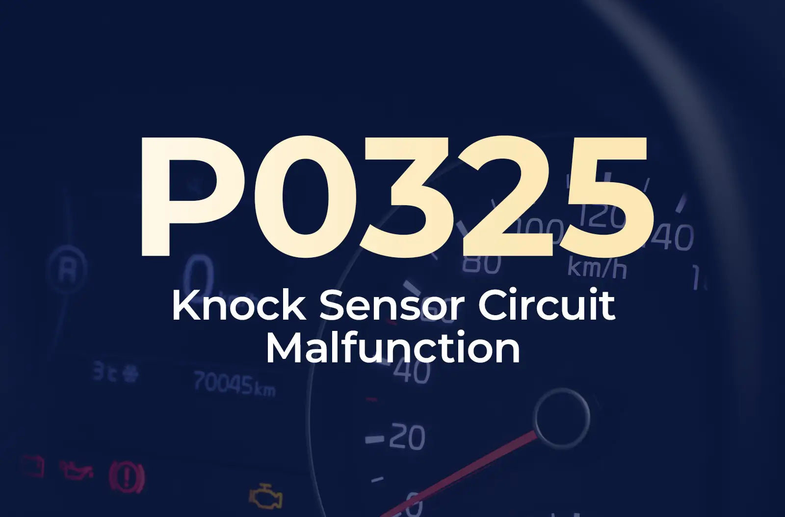 a large text overlay displaying the diagnostic code "P0325" and the description "Knock Sensor Circuit Malfunction" against the blurred dashboard background.