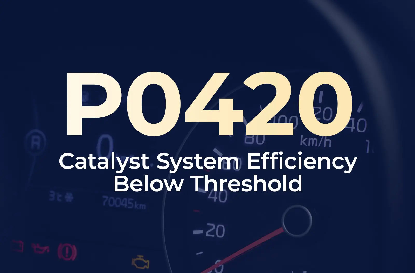 a large text overlay displaying the diagnostic code "P0420" and the description "Catalyst System Efficiency Below Threshold" against the blurred dashboard background.