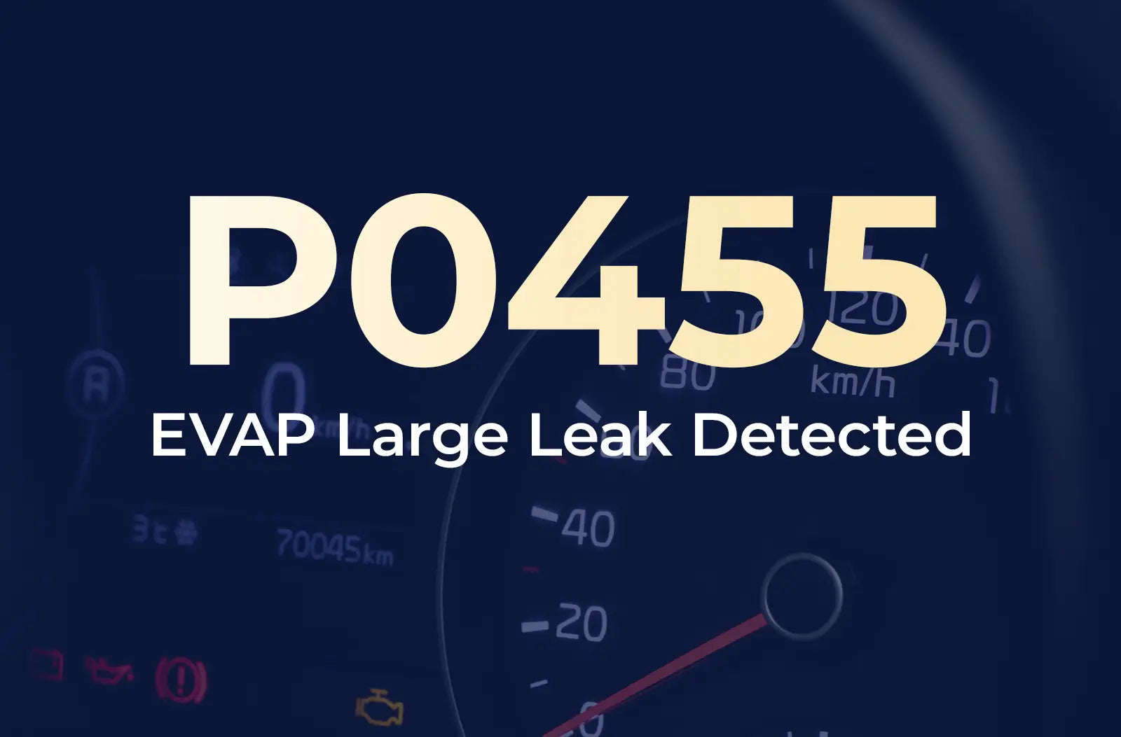 a large text overlay displaying the diagnostic code "P0455" and the description "EVAP Large Leak Detected" against the blurred dashboard background.