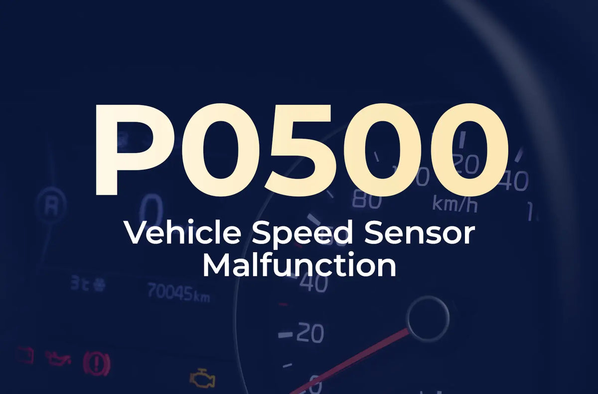 a large text overlay displaying the diagnostic code "P0500" and the description "Vehicle Speed Sensor Malfunction" against the blurred dashboard background.