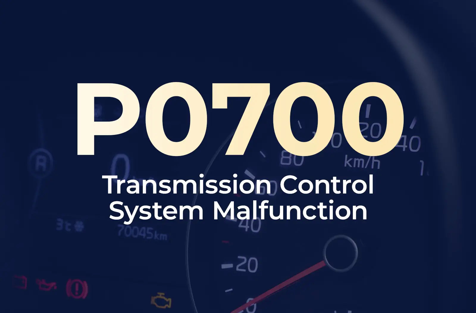 a large text overlay displaying the diagnostic code "P0700" and the description "Transmission Control System Malfunction" against the blurred dashboard background.