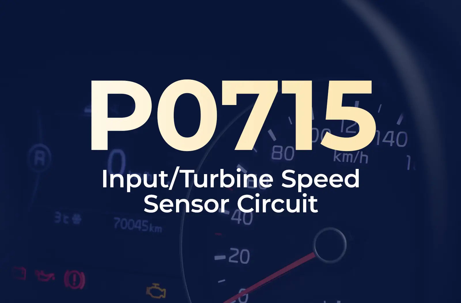 a large text overlay displaying the diagnostic code "P0715" and the description "Input/Turbine Speed Sensor Circuit" against the blurred dashboard background.