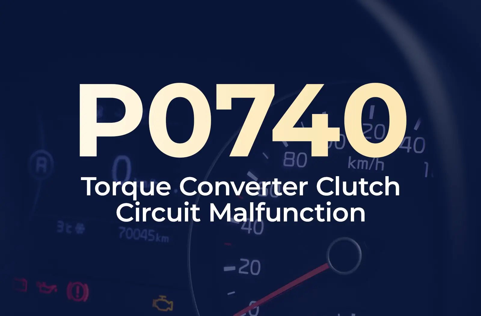 a large text overlay displaying the diagnostic code "P0740" and the description "Torque Converter Clutch Circuit Malfunction" against the blurred dashboard background.