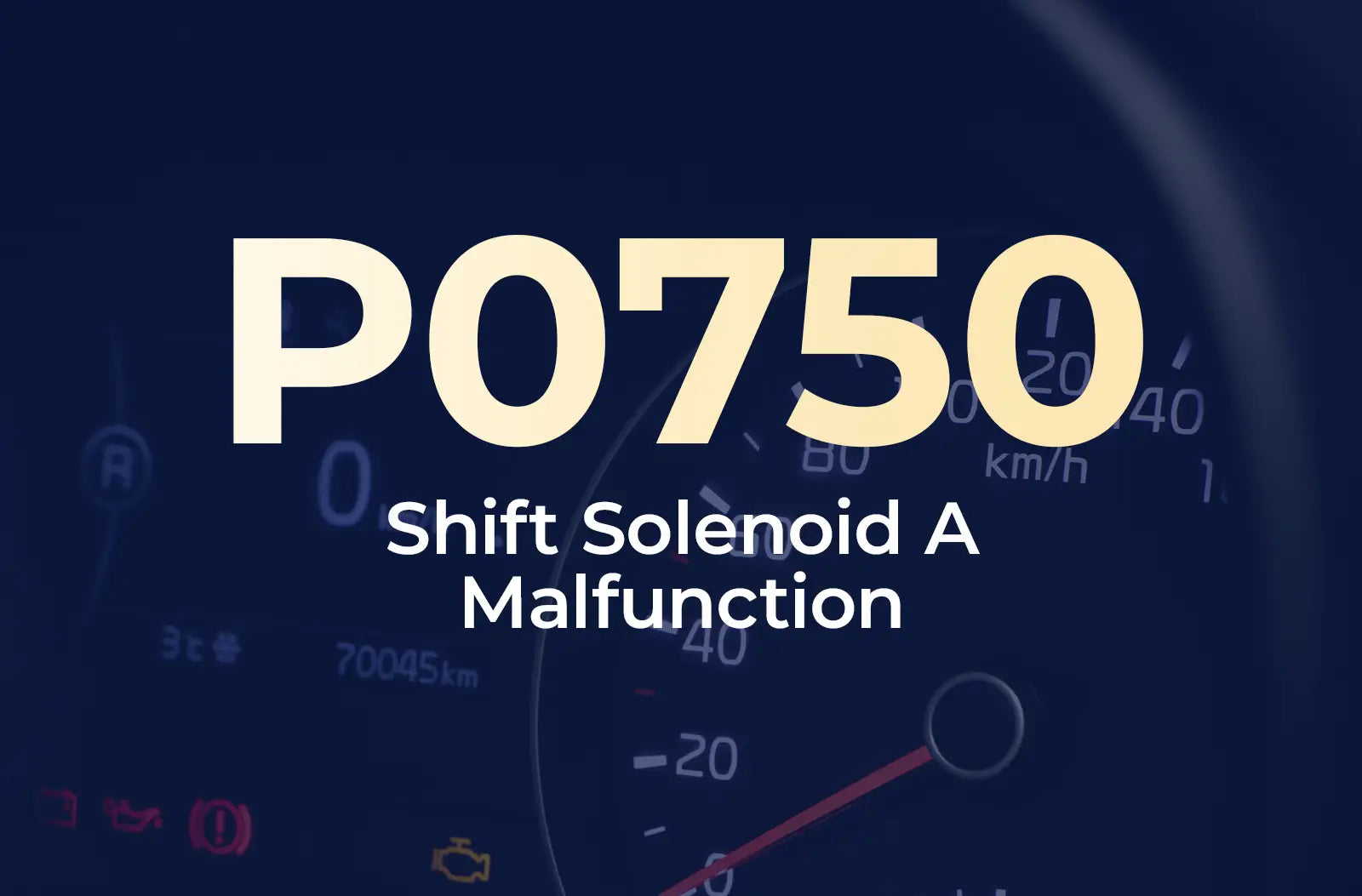 a large text overlay displaying the diagnostic code "P0750" and the description "Shift Solenoid A Malfunction" against the blurred dashboard background.