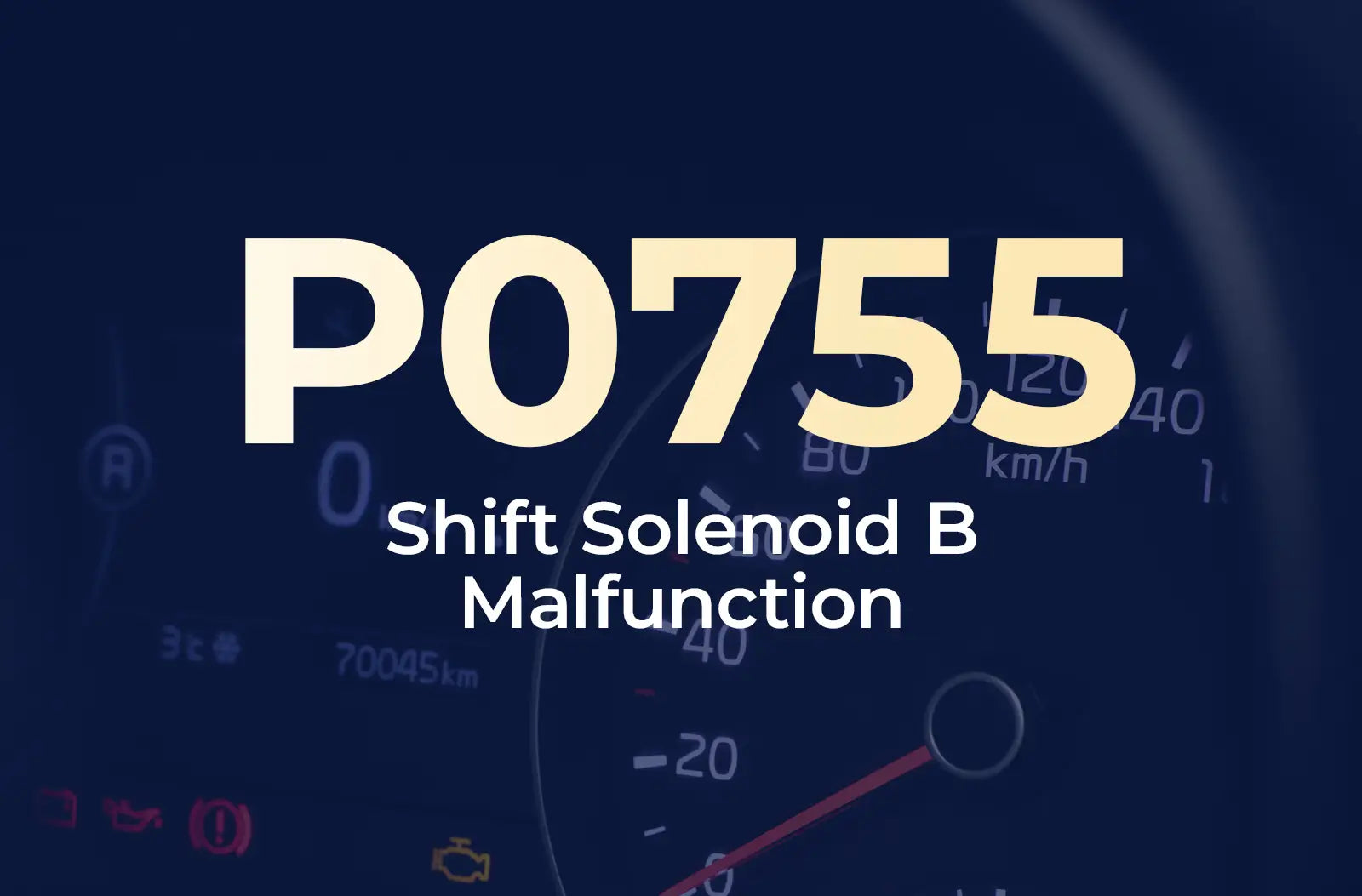 a large text overlay displaying the diagnostic code "P0755" and the description "Shift Solenoid B Malfunction" against a blurred dark blue vehicle instrument panel.