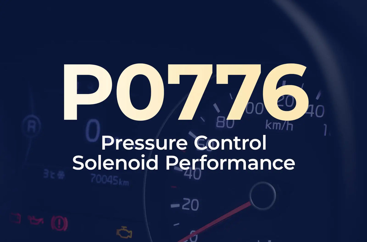 a large text overlay displaying the diagnostic code "P0776" and the description "Pressure Control Solenoid Performance" against the blurred dashboard background.