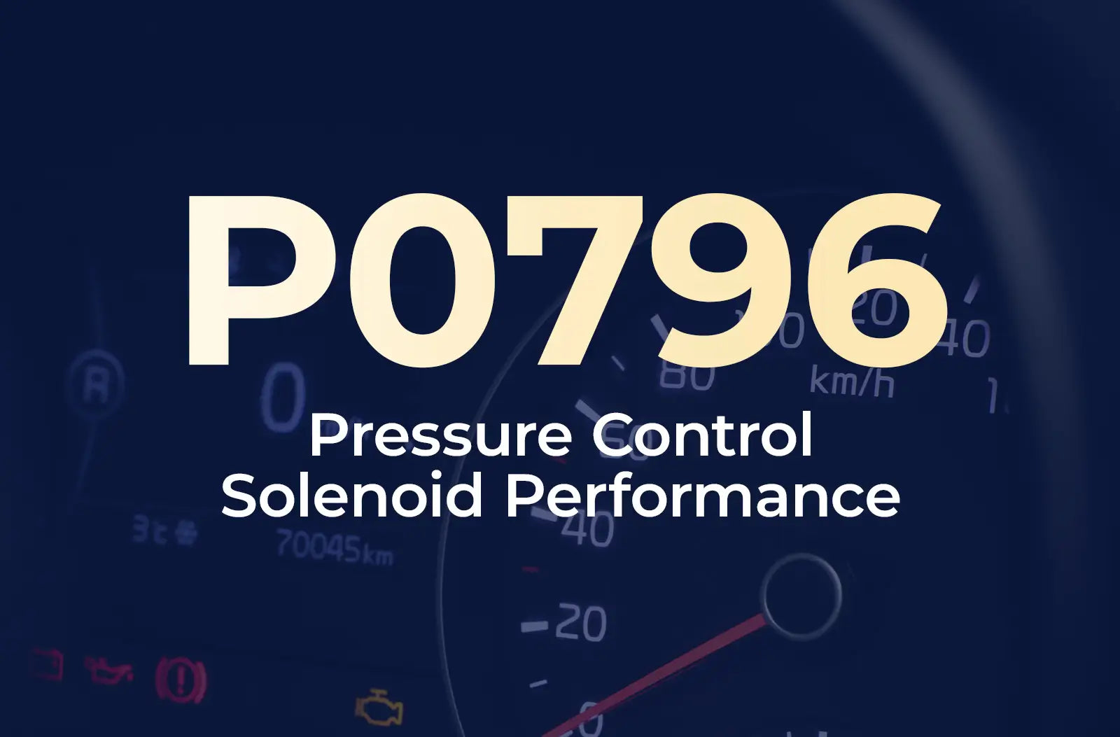 a large text overlay displaying the diagnostic code "P0796" and the description "Pressure Control Solenoid Performance" against the blurred dashboard background.