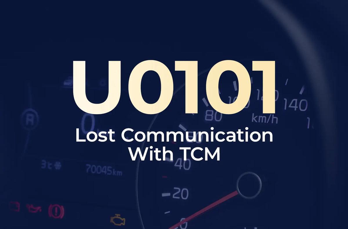 a large text overlay displaying the diagnostic code "U0101" and the description "Lost Communication With TCM" against the blurred dashboard background.