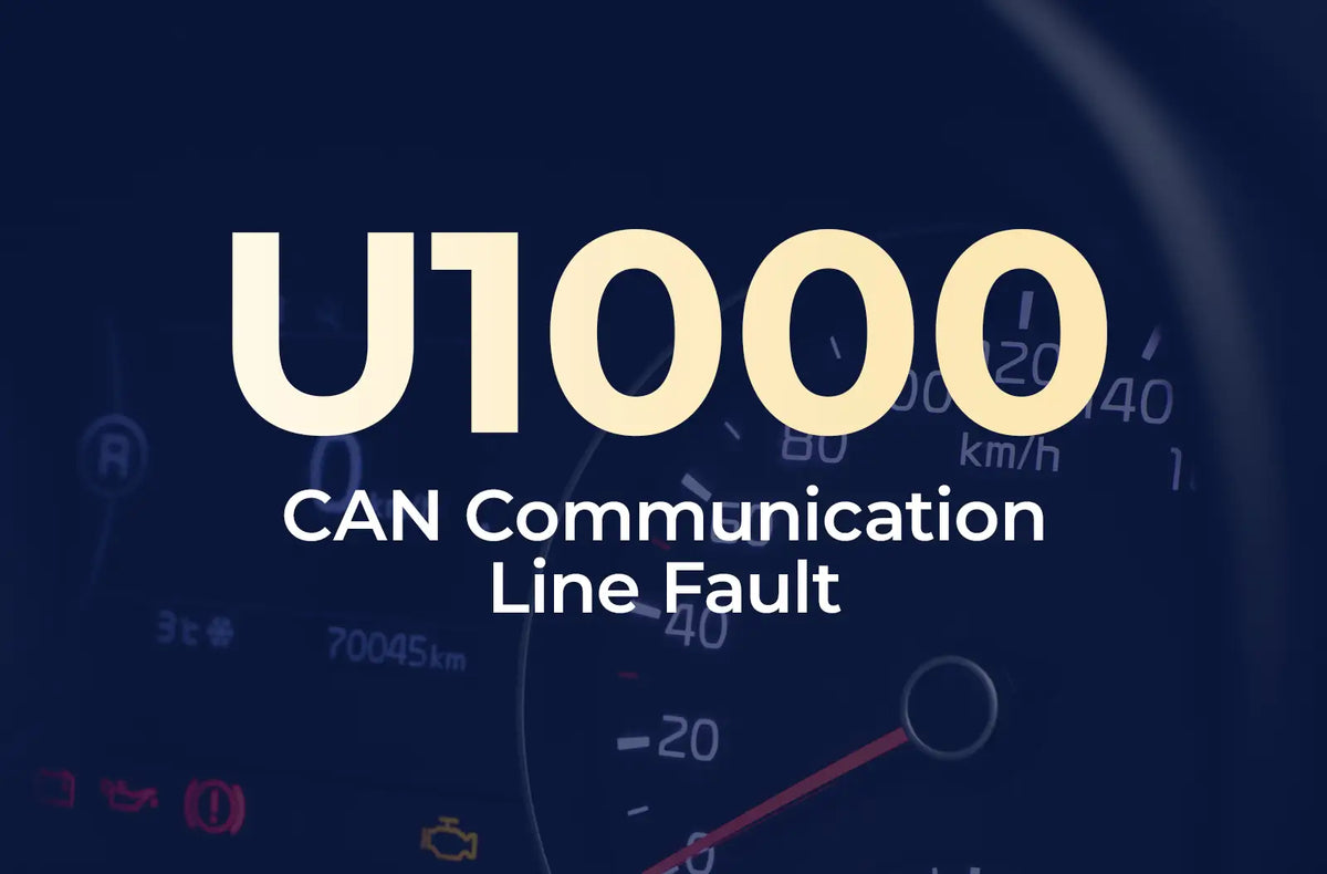 a large text overlay displaying the diagnostic code "U1000" and the description "CAN Communication Line Fault" against a blurred dark blue vehicle instrument panel.