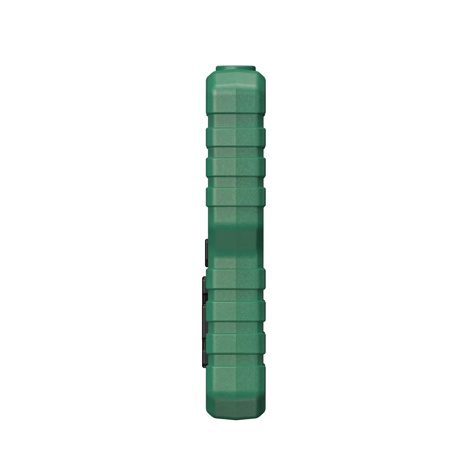 This image shows the side view of the diagnostic scanner, highlighting its slim profile and rugged, anti-slip textured grip. The bright green casing is designed for durability and easy handling in automotive environments.