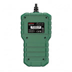 This image shows the rear view of the LAUNCH Creader G700 OBDII scanner, featuring a product information label with its serial number and certification logos. The rugged orange casing includes visible screw holes and a textured surface for a secure grip.