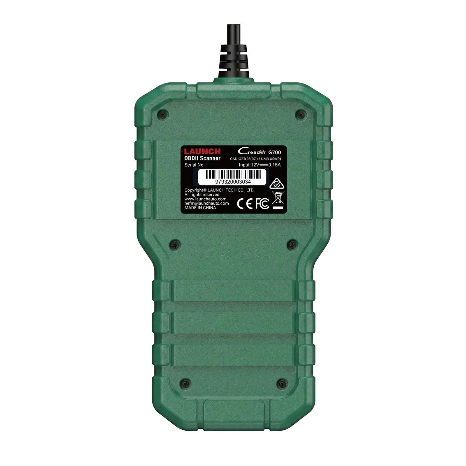 This image shows the rear view of the LAUNCH Creader G700 OBDII scanner, featuring a product information label with its serial number and certification logos. The rugged orange casing includes visible screw holes and a textured surface for a secure grip.