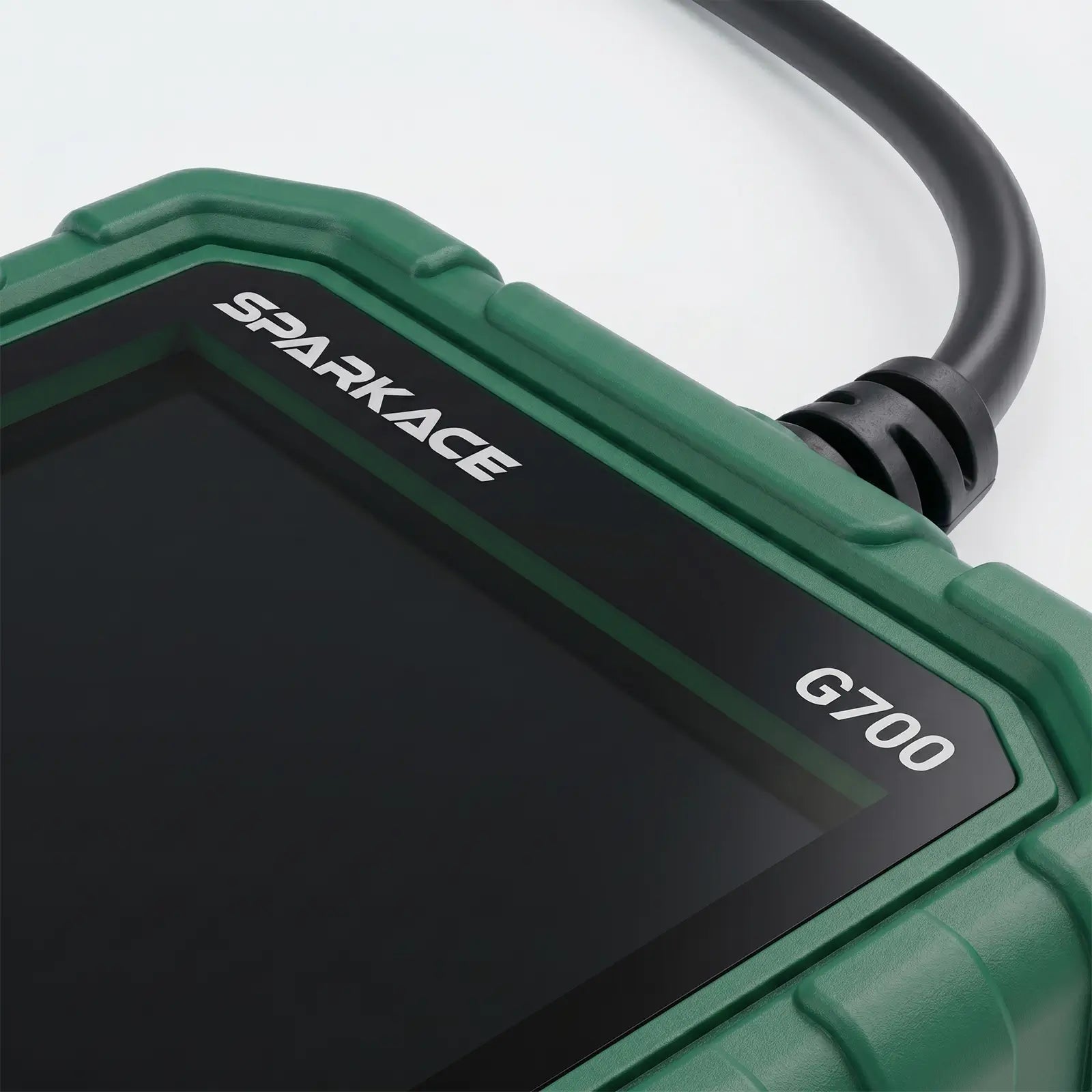 This image provides a close-up view of the Sparkace G700 scanner, highlighting the "SPARKACE" and "G700" branding on its screen bezel. It also shows the reinforced cable connection and the rugged, textured orange housing designed for durability.