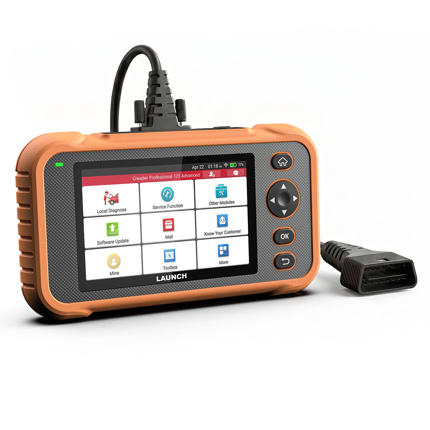 LAUNCH Creader Professional 123 Advanced diagnostic tool with a rugged orange and black casing. The device features a color touchscreen and is connected to a thick black cable with a standard 16-pin OBD II connector.