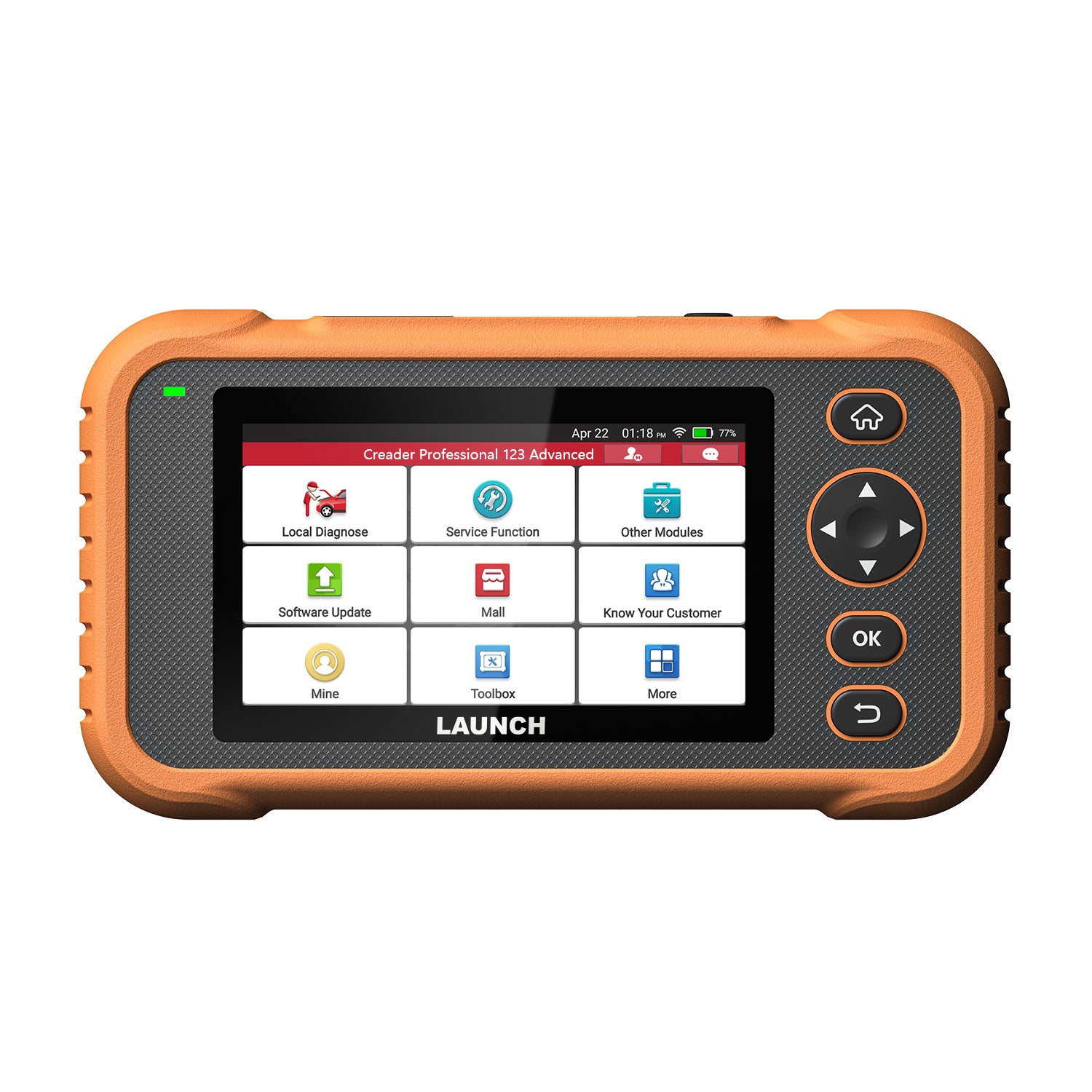 LAUNCH Creader Professional 123 Advanced diagnostic scanner with a rugged orange and black protective casing. The device features a color touchscreen displaying its main menu alongside physical navigation buttons, including a directional pad and an OK button.