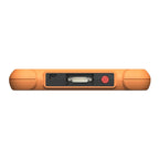 the top edge of a rugged orange device featuring a USB-C port, a multi-pin serial connector, and a red circular power button