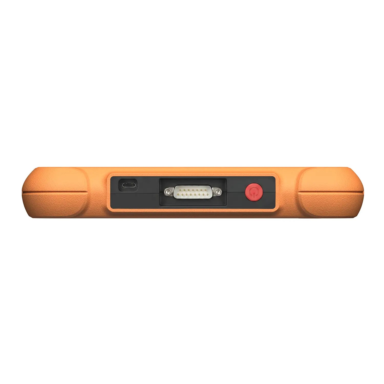 the top edge of a rugged orange device featuring a USB-C port, a multi-pin serial connector, and a red circular power button
