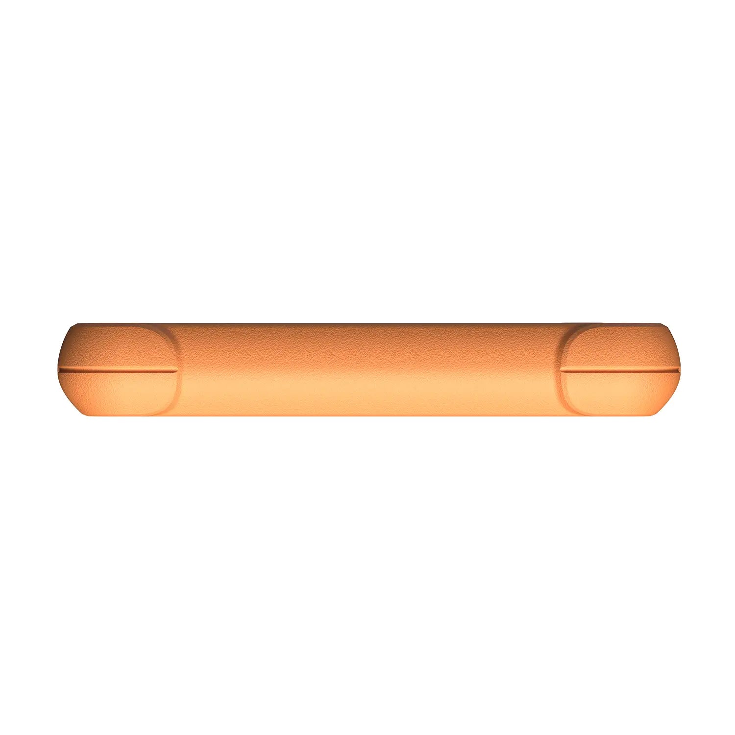 the bottom edge of a rugged orange device with a solid, textured protective casing and no visible ports.