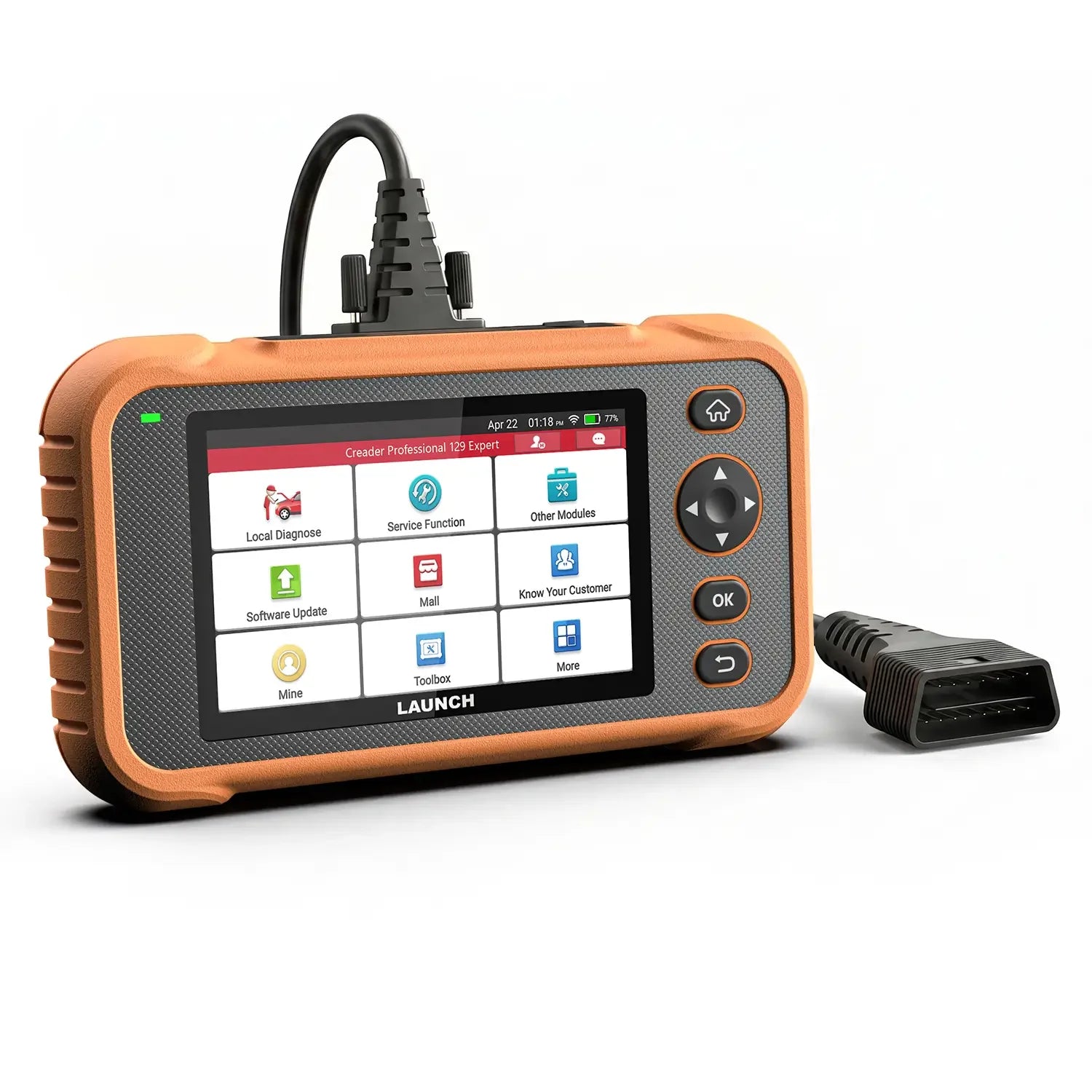 a LAUNCH Creader Professional 129 Expert diagnostic tablet with a rugged orange and black casing and a color touchscreen. It includes a thick black cable connected to a standard 16-pin OBD II connector for vehicle communication.