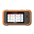 a LAUNCH Creader Professional 129 Expert diagnostic scanner with a rugged orange and black protective casing. The device features a color touchscreen displaying its main menu alongside physical navigation buttons, including a directional pad and an OK button.