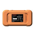 The back of a LAUNCH Creader Professional 129 Expert diagnostic tool, featuring a rugged orange casing with textured grips. A central black label provides product specifications, technical details, and various regulatory certification logos.