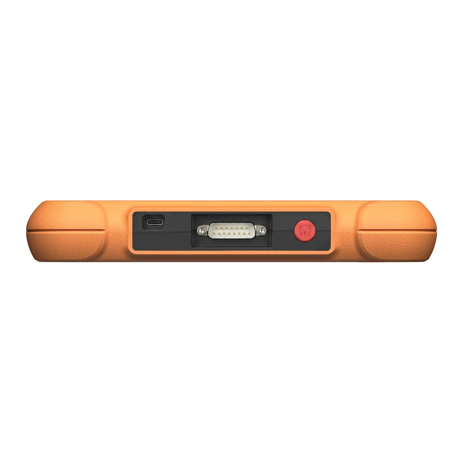 the top edge of a rugged orange device, featuring a USB-C port, a multi-pin serial connector, and a red circular power button. The textured casing includes recessed areas to protect these connection ports from damage.