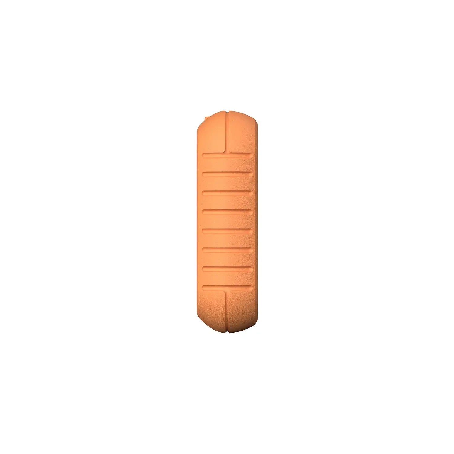 the side profile of a rugged orange device casing, featuring a textured surface with horizontal ridges for an anti-slip grip.