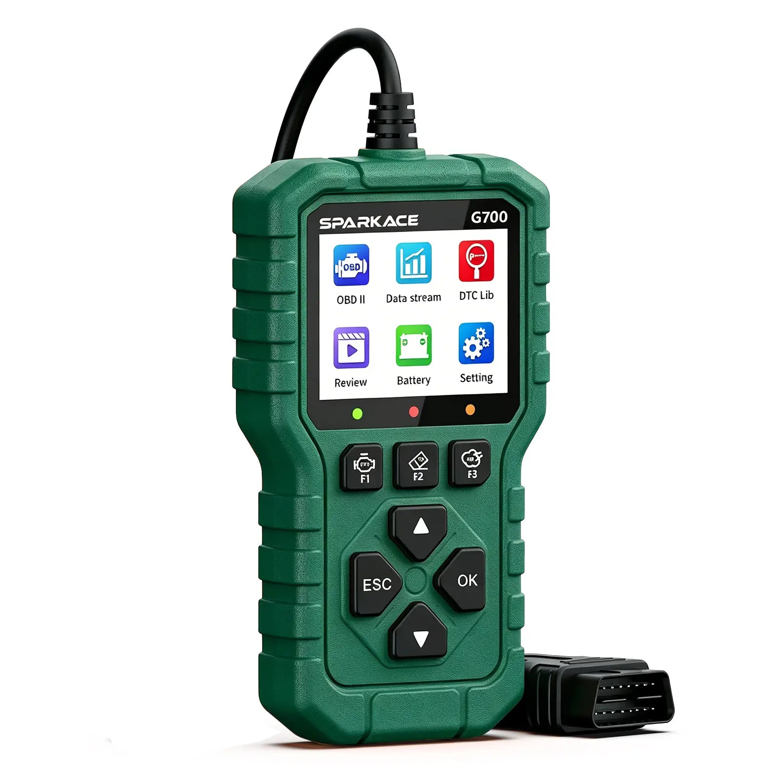 A Sparkace G700 handheld automotive diagnostic scanner designed with a rugged green casing and a color display for reading vehicle fault codes and real-time data. Main image