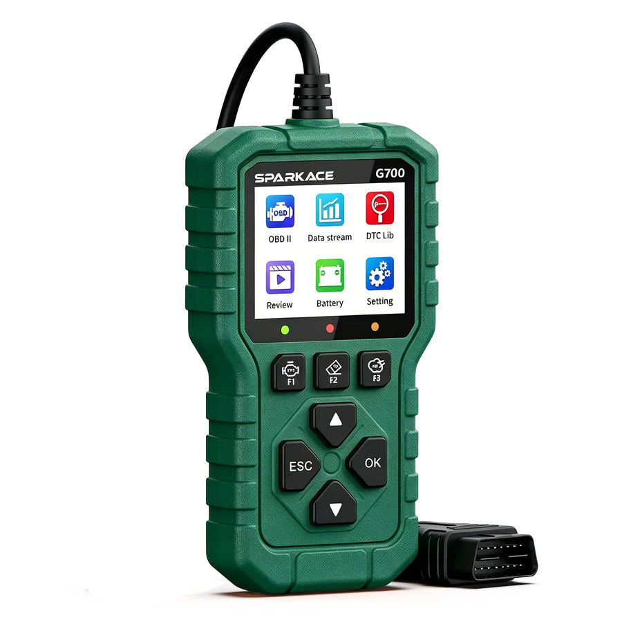 A Sparkace G700 handheld automotive diagnostic scanner designed with a rugged green casing and a color display for reading vehicle fault codes and real-time data.