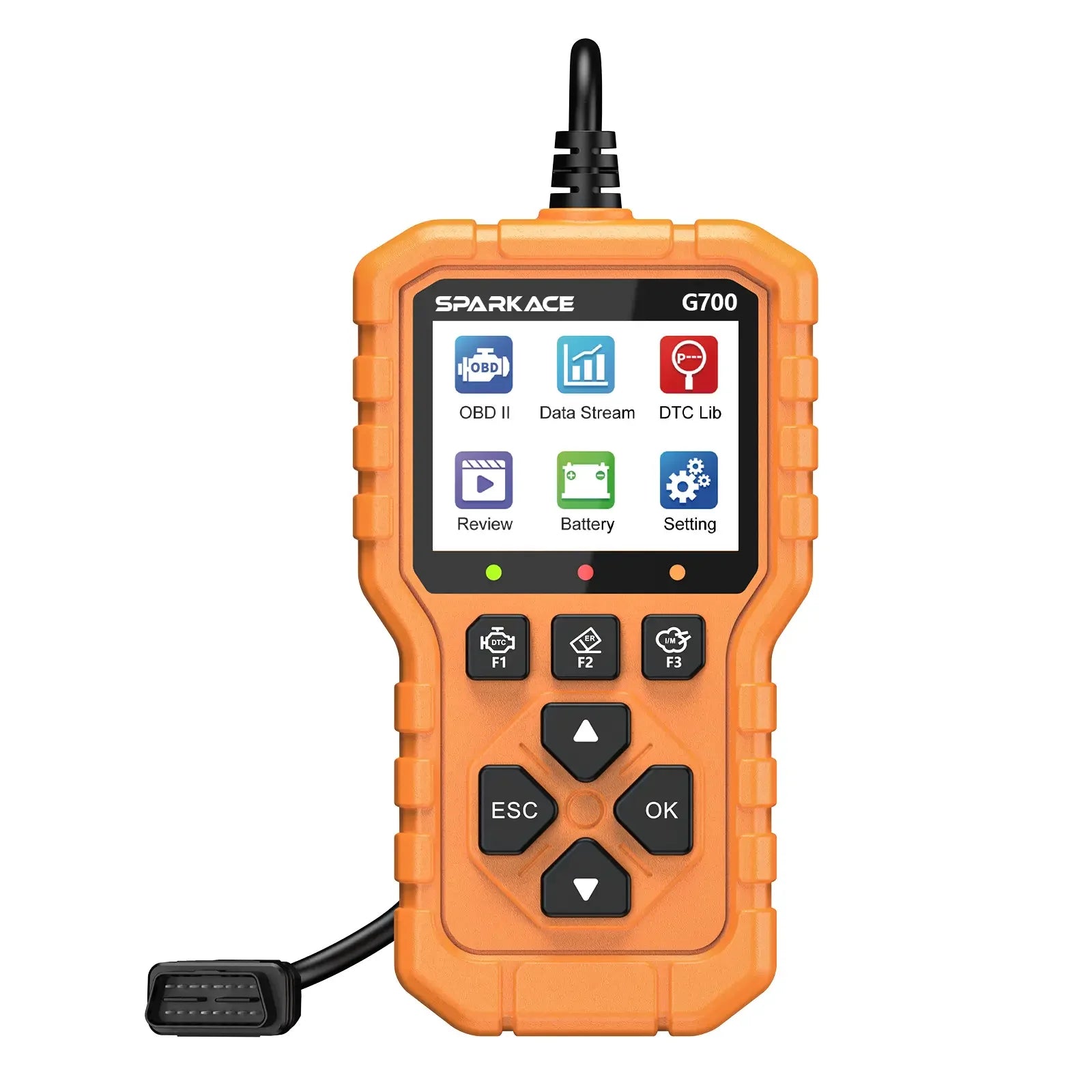 A color screen of G700 with icons for OBD II, Data Stream, DTC Lib, Review, Battery, and Settings. Below the screen are physical buttons including F1, F2, F3 function keys, a directional pad, and ESC and OK buttons for navigation.