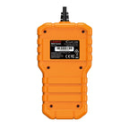This image shows the rear view of the LAUNCH Creader G700 OBDII scanner, featuring a product information label with its serial number and certification logos. The rugged orange casing includes visible screw holes and a textured surface for a secure grip.