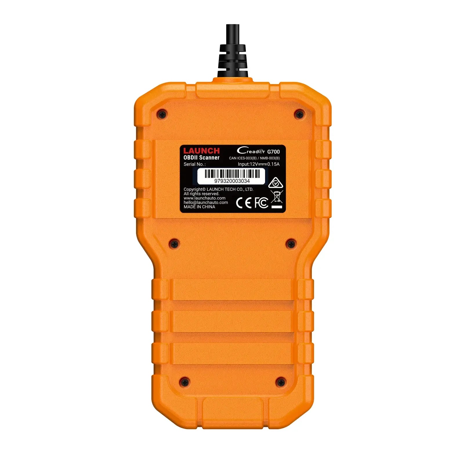 This image shows the rear view of the LAUNCH Creader G700 OBDII scanner, featuring a product information label with its serial number and certification logos. The rugged orange casing includes visible screw holes and a textured surface for a secure grip.