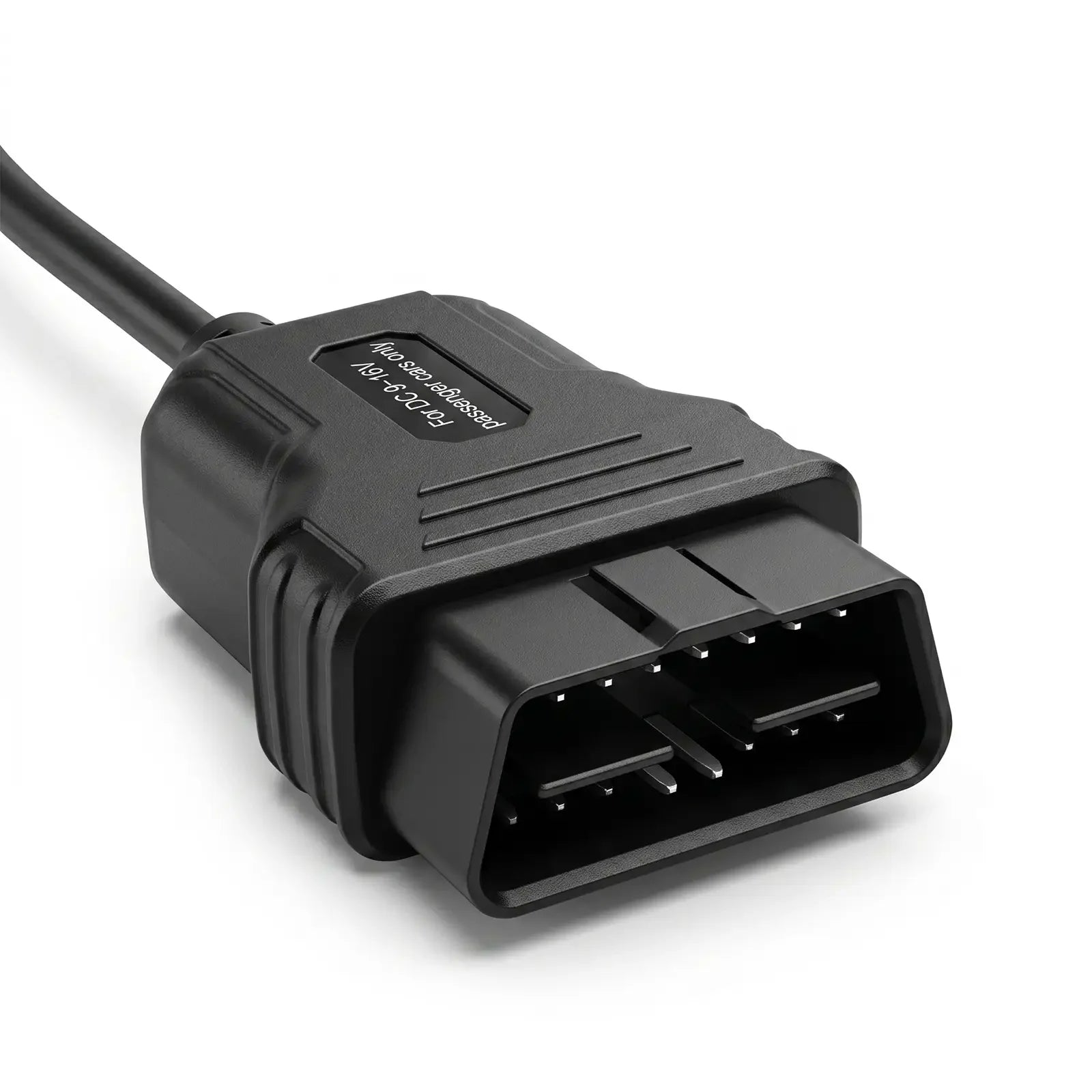 This image shows a close-up of a standard 16-pin OBD II connector with a label indicating it is for "DC 9-16V passenger cars only." The connector is attached to a durable black cable designed to plug directly into a vehicle's diagnostic port.