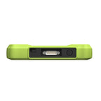 The top edge of a lime green device featuring a USB-C port, a multi-pin serial connector, and a circular power button. The rugged casing has a textured finish and recessed areas to protect the connection ports.