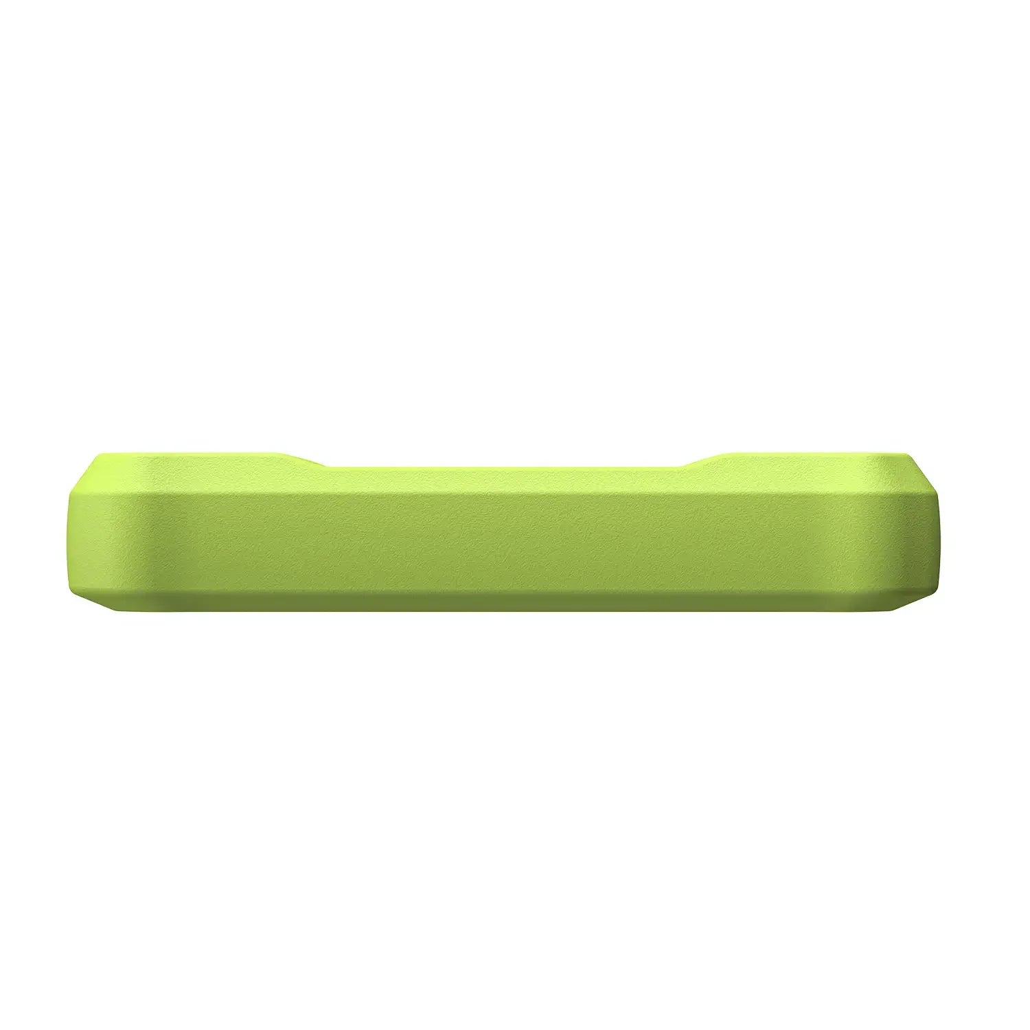 The bottom edge of a lime green device, featuring a solid, textured casing with a rugged and protective design. The surface is smooth without any visible ports or buttons from this perspective.