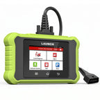 a LAUNCH Creader Elite X500 BM diagnostic tablet with a lime green rugged protective casing and a color touchscreen. It includes a thick black cable connected to a standard 16-pin OBD II connector for vehicle interface.