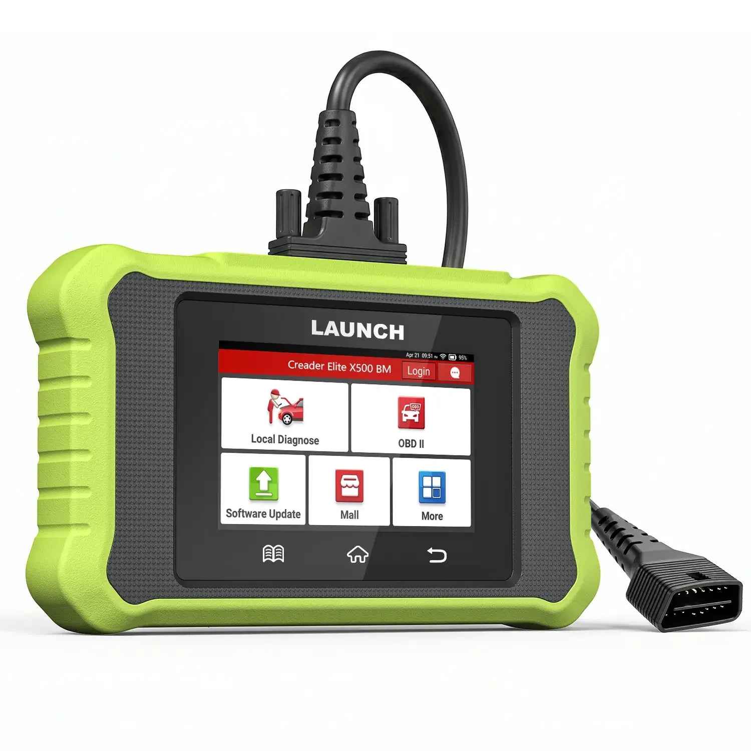 a LAUNCH Creader Elite X500 BM diagnostic tablet with a lime green rugged protective casing and a color touchscreen. It includes a thick black cable connected to a standard 16-pin OBD II connector for vehicle interface.
